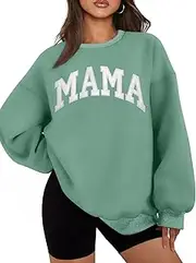 [ELDPS] Mama Sweatshirts for Women Embroidered Mama Shirt Oversized Mom Crewneck Pullover Hoodies Long Sleeve