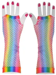 Long Rainbow Striped Fishnet Costume Gloves