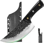 FULLHI Pack of 2 Multi-Colour Wooden Handle Full Tang Heavy Meat Cleaver with Sheath, High Carbon Steel Chef Meat Cutting Kitchen Knife for Outdoor Cooking, Camping BBQ (Black, 6.85 inches)