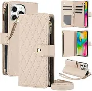YocoverTech for iPhone 16 Pro Case,for iPhone 16 Pro Flip Case,6 Card Holders +1 Cash Slot Wallet Cover Magnetic Folio Closure Purse with Wristlet Crossbody Lanyard-Beige