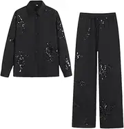 [Generic] Women's Two Piece Set Beaded Printed Satin Loose Vintage Long Sleeve Button Blouse Chic Top Tie Wide Leg Pants Set