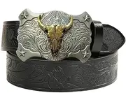 [FGSS] Western Leather Cowboy Belts Texas Longhorn Bull Head Buckle Belt Floral Engraved Rodeo Belt for Men