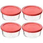 Pyrex (4) 7200 2-cup Glass Bowls, & (4) 7200-PC Red Plastic Lids