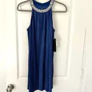 Aidan Mattox Blue Pleated Bejeweled Mini Cocktail Dress in Size 4 NWT