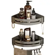 2PCS Bathroom Wall Corner Shelf Organizer, Kitchen Corner Storage Rack Non-Marking Shelf with Hooks, Easy to Install-Grey