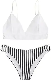 HDSWB Two Piece Stripe Print Sexy Split Swimsuit Women Push Up Padded Femme Bikini Set Swimsuit Beachwear Thong Solid Ladies Bikinis (Color : White, Size : Large)
