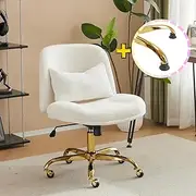 VINGLI Wide Criss Cross Legged Office Chair,Buttprint Ergonomic Desk Chair Comfy with Pillow&Gold Base,Dual-Use with/no Wheels,Adjustable Vanity Swivel Chair for Bedroom,Home Office,Teddy Fleece,White