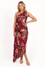 [PUP78] Kleo One Shoulder Maxi Dress - Burgundy Floral XS Red