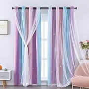 XiDi Curtains for Bedroom 213 Drop Double Layer Star Cutout Decoration Curtains with Voile for Adult Kids Room Sliding Door Glass Curtains Rainbow Pink BluePurple/132/213/2 IT
