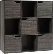 [Giantex] Wooden Bookcase Display Shelf, 3-Tier Storage Cabinet, 4 Open Cubes & 5 Doors, Bookshelf Storage Unit Organiser for Toys Decorations, Cube Shelf for Living Room Study Room Children's Room