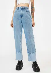 [Dolls Kill x Momokrom] Patchwork Cuff Long Denim Jeans