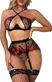 [Generic] Women's Sexy Embroidered Print Lingerie Set, Underwire Top Cut Out Bra Nightwear Sheer Mesh Garter Belt &Thong