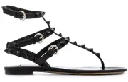 Valentino Rockstud So Black Leather Triple Ankle Strap Gladiator Flat Sandal 35