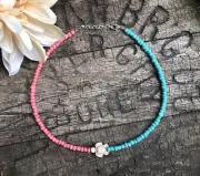 15" Sea Turtle Turquoise Coral Seed Bead Choker Necklace BOHO Western Punchy
