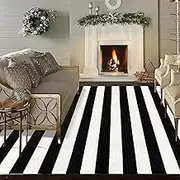 LEEVAN Outdoor Rug 5x8 Black and White Patio Decor Rug, Cotton Washable Indoor Outdoor Rug, Farmhouse Woven Porch Front Rug Reversible Foldable Rug Layered Door Mat for Porch/Front Door/Entrance