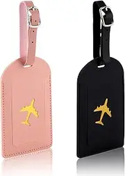 [LUTER] 2pcs PU Leather Luggage Tags, Baggage Address Tags with Adjustable Strap & Privacy Protection Cover, Suitcase Tags Travel Luggage Tags for Couple Suitcases Travelling (Black, Pink)