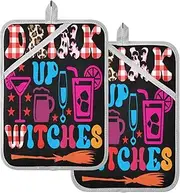 Pot Holders Kitchen Heat Resistant Happy Halloween Drink Up Witches Potholders for Kitchens with Pockets Hotpads