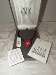 Nolan Miller Red Coral Lucite Lara Camellia Pendant on Genuine Leather Cord Box