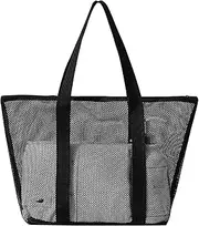 [AYNKH] Mesh Beach Bag for Women, Extra Large Mesh Beach Tote Bag, Foldable Reusable Beach Shoulder Bag, Lightweight and Large Capacity, Beach Trip Essentials, for Pool Gym Outdoors Sport, Black