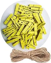 50pcs 1.5inch Wooden Clip Photo Holders Mini Clothespins Hanging Craft Paper Peg with Jute Twine 50pcs (1.5inch) Yellow + Jute Twine