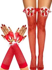 [Satisyo] Red Christmas Costume Set Women's Sexy Fishnet Thigh High Stockings and Fingerless Christmas Santa Gloves with Bell Accessories