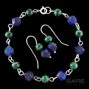 SARE 925 Sterling Silver Handcrafted Lapis Malachite Bracelet & Hook Earring Set