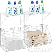 Goaste 2 Pack Laundry Room Shelves with Wire Baskets, Wall Mounted Over the Washer and Dryer Rack with 8 Hooks, Hanging Clothes Drying Storage Rack Baskets for Closet, Laundry Storage and Organization