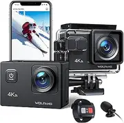 [WOLFANG] GA100 Action Camera 4K 20MP Waterproof 40M Underwater Camera EIS Stabilization WiFi 170° Wide Angle Helmet Camera (External Microphone, Remote Control, 2 Batteries and Accessory Kit)