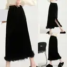 Womens Fashion Forward High Waist Slim Velvet Skirt with Unique Feathers