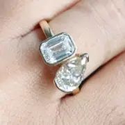 Bezel Set 2 Stone Moissanite Ring Emerald & Pear Brown Moissanite Wedding Ring