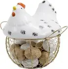 Gold Metal Wire and White Ceramic Chicken Shaped Top Lid Egg Storage Basket
