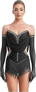[Manyakai] Women Tassel Jazz Latin Dance Dress Glittery Cutout Leotard Bodysuit Salsa Cha-Cha Rumba Performance
