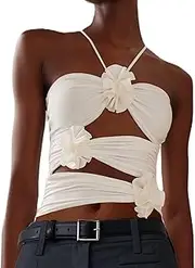 [KMBANGI] Floral Sexy Tank Top Women Y2k Ruffles Frill Halter Crop Tops Sleeveless Off Shoulder Backless Flower Tube Top