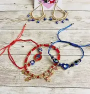 1 Evil Eye Earrings & 3 Bracelets 1 Par Aretes Mal De Ojo 3 Pulseras Mano Hamsa