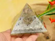 Rainbow Moonstone Orgone Pyramid with Reiki Sign with Clear Quartz Point, 3 inch
