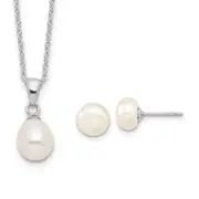 Sterling Silver Rhodium-Plated Fwc Pearl Necklace/Stud Earring Set