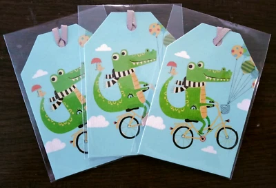 3 x Green Crocodile Bird Balloons Birthday Party Present Gift Tags with Ribbon