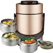 NEFSO Modern Golden 2L Stainless Steel Thermal Lunch Box - Rectangular, Insulated, 3 Tier Soup Thermos Container for Hot Food, Office, School, Camping, Picnic