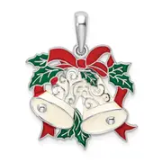 Sterling Silver De-Ani Rhodium-Plated Polished Enameled Bells And Holly Pendant