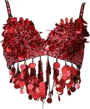[Wzmzjy] Sequin Crop Top for Women Luxury Tank Top for Show Nightclub, Red, 38 Yards