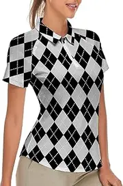 [Soneven] Women's Golf Shirt Short Sleeve Tennis Shirt Quarter Zip Golf Pullover Golf Polo Shirts Argyle Summer Dry Fit Tops