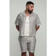 Mens Stone Plus Oversized Boxy Short Sleeve Check Satin Shirt & Short Set