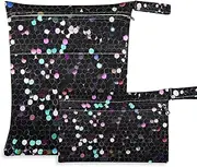 Amooorous Black and Pink Fake Sequins mess-proof baby diaper bag 2 Pack diaper bag essential items with handles for bathing, pool