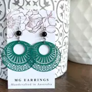 Green Circle Filigree Hoop Charm Dangle Earrings , Eclectic Boho Hippie