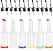 Tebery 6 Pack Plastic Juice Pour Bottles with 12 Stainless Steel Bottle Pourer, 34OZ Plastic Juice Dispensers for Bar Home Kitchen Party Supplies