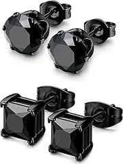 [Kakonia] 2 Pairs Stainless Steel Mens Womens CZ Stud Earrings Pierced Earrings Black 20G 3-8MM