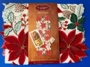 St Nicholas Square Christmas Poinsettia Cut-Out Table Runner Embroidered~13"x36"