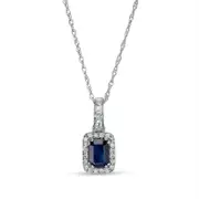 Emerald-Cut Blue Sapphire and 0.13 CT. T.W. Baguette and Round Natural Diamond Frame Alternating Drop Pendant in 14K White Gold