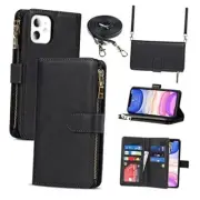 for iPhone 11 Phone Case Wallet for Women,for 9 Card Slots Lanyard Black