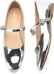 [AprCoco] Women's Flats Mary Jane Ballet Flats for Women Classic Square Toe Women Shoes Dressy Comfort Ankle Strap Flats for Women, Silver, 11